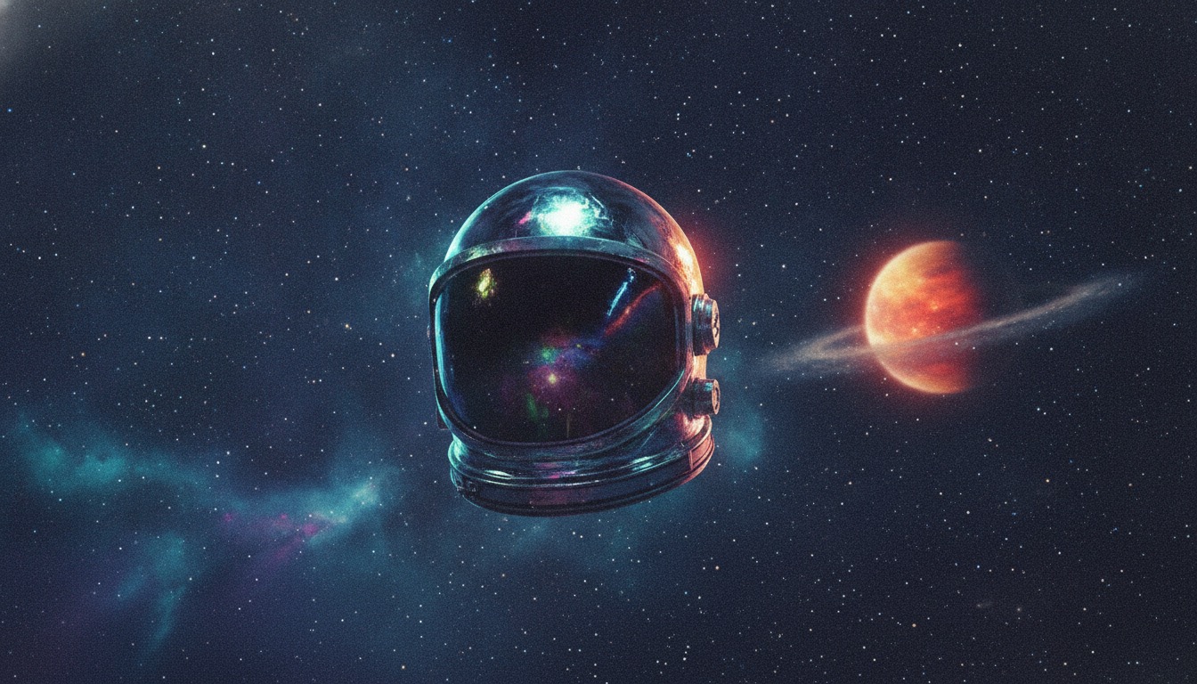 A lone chrome astronaut helmet floating against a deep starfield with a distant glowing planet