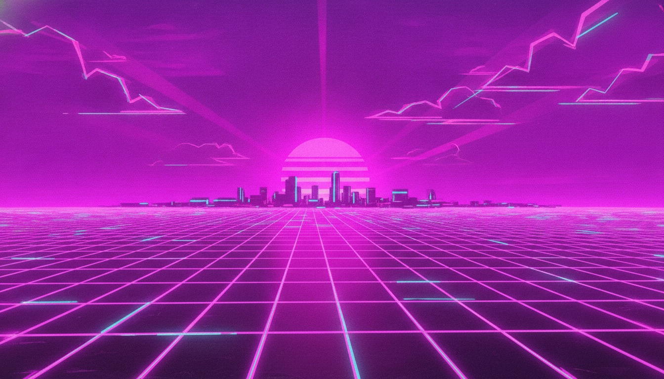 A retro-futuristic neon wireframe grid stretching to a synthwave horizon under a purple sky