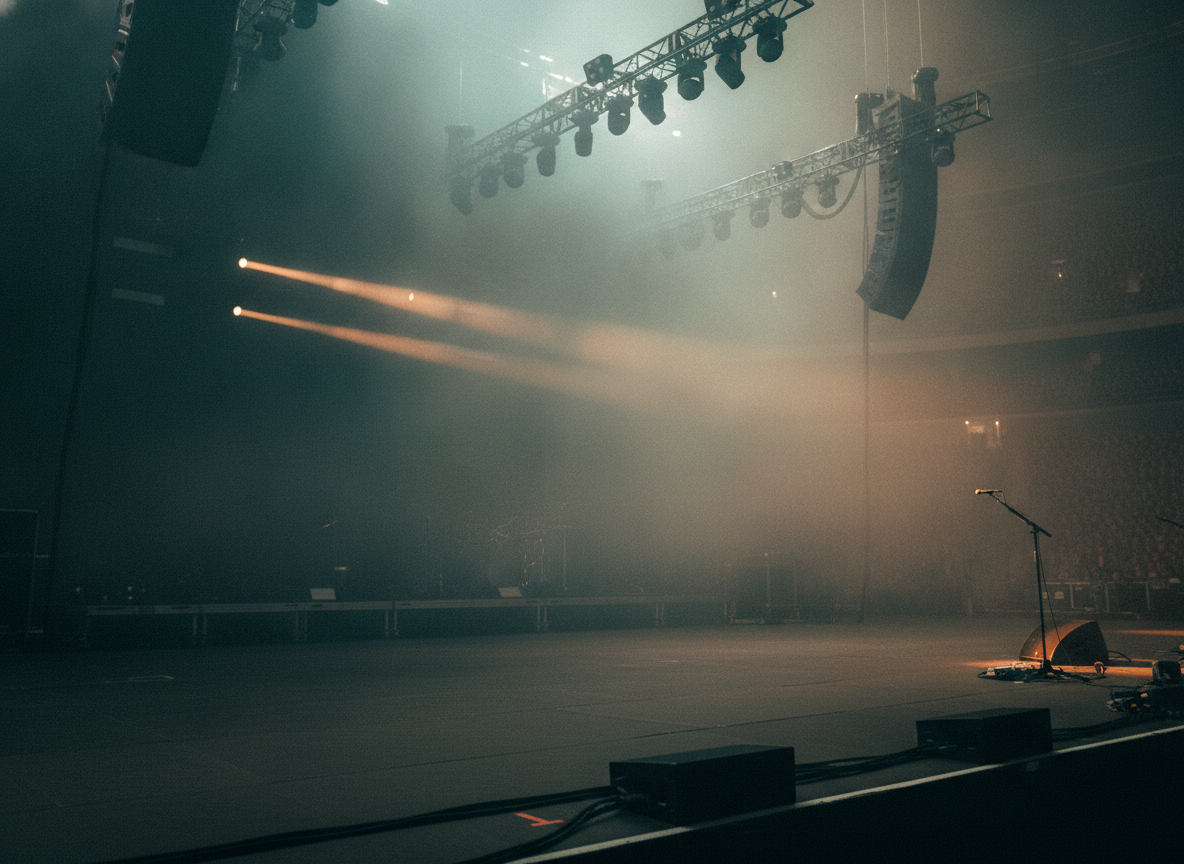 A hazy, reverb-lit concert stage washed in teal and amber light with drifting smoke