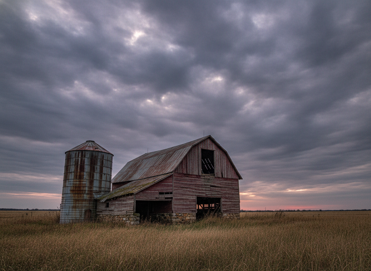A weathered rural Kentucky barn and grain silo at dusk under a wide, moody sky