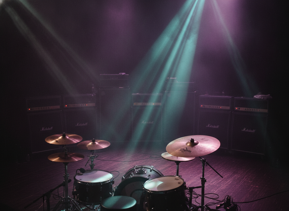 A dark stage set with amplifiers and cymbals lit by shafts of purple and teal light through smoke