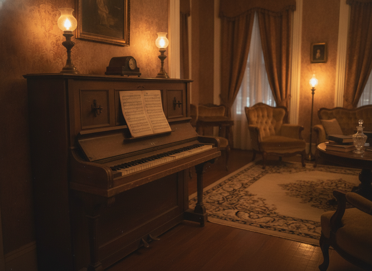 A worn upright piano in a dim New Orleans style parlor lit by warm amber lamplight
