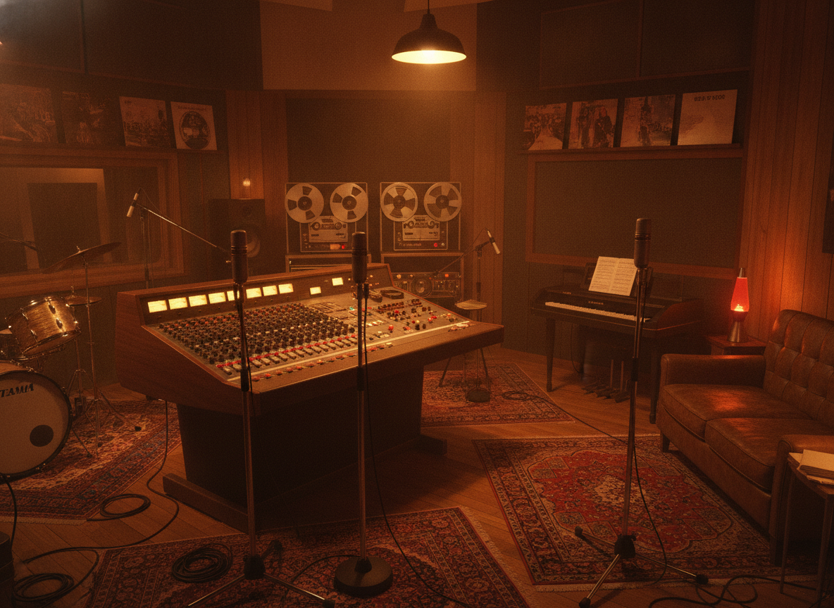 A vintage soul recording studio with an old console, ribbon microphones, and warm analog tape machines