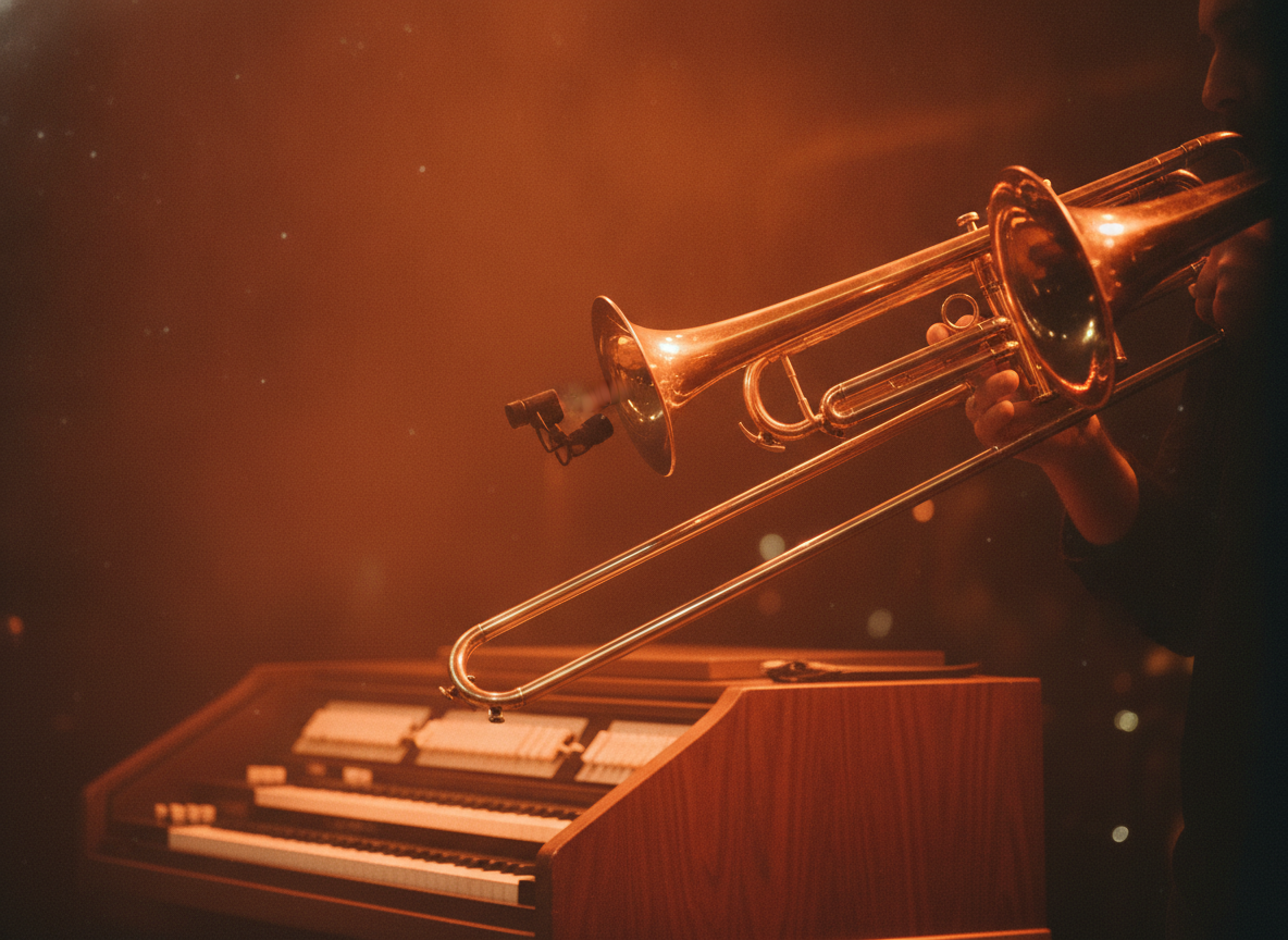 A brass horn section and a Hammond organ bathed in warm stage light against a dark hazy backdrop
