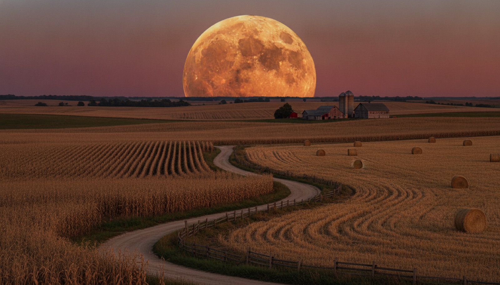 A weathered wooden barn and rolling harvest fields under a pale amber sky
