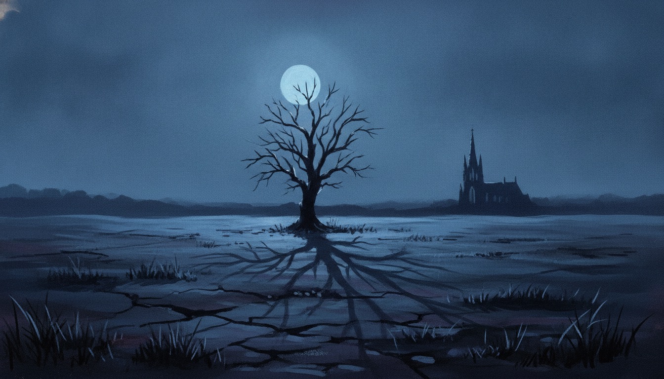 A barren moonlit field with a single bare tree and a distant church steeple, gothic noir, cold blue light