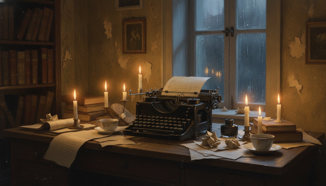 A dim room with flickering candles, an old typewriter, and scattered papers, moody and literary