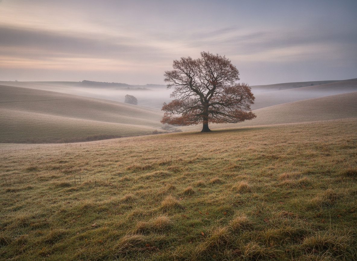 A misty English countryside at dawn with a lone oak tree and rolling autumnal fields