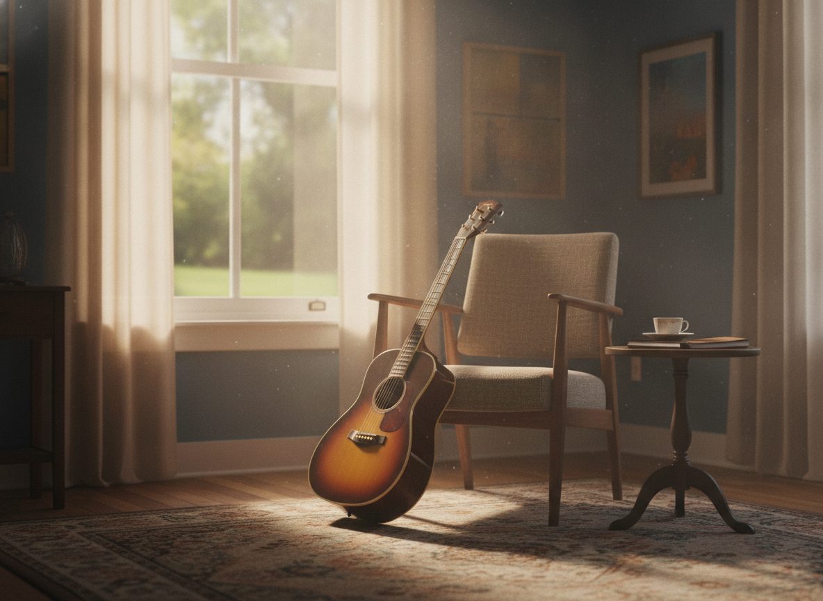 A quiet dim room with a single acoustic guitar leaning against a chair by a window in soft warm light