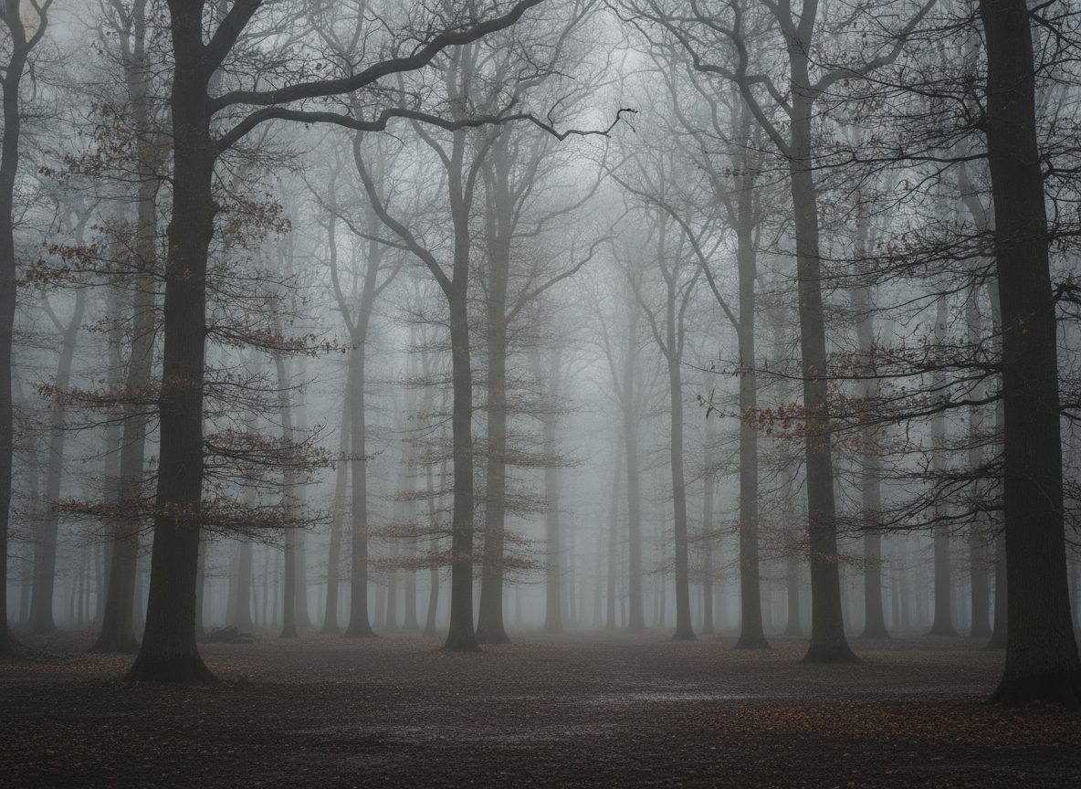 Tall bare oak trees standing in soft grey morning mist over damp ground