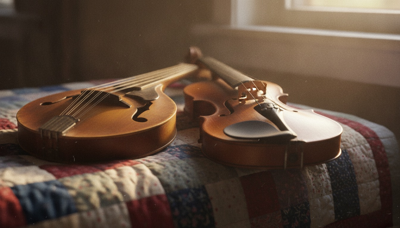 A close-up of a mandolin and a fiddle resting together on a folded quilt in warm afternoon light