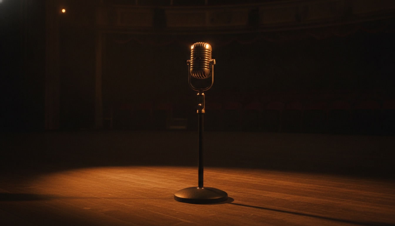 A vintage microphone in warm amber stage light against deep shadow, dignified and intense