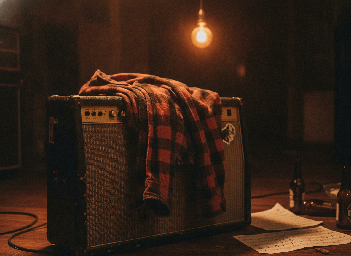 A worn plaid flannel shirt draped over an amplifier in warm low light