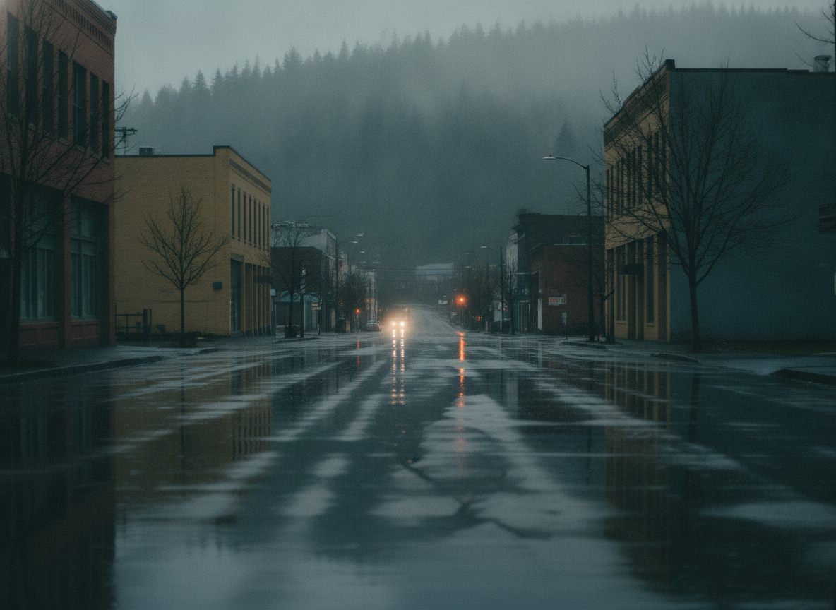 A rain-streaked Pacific Northwest street at dusk with wet pavement and grey mist