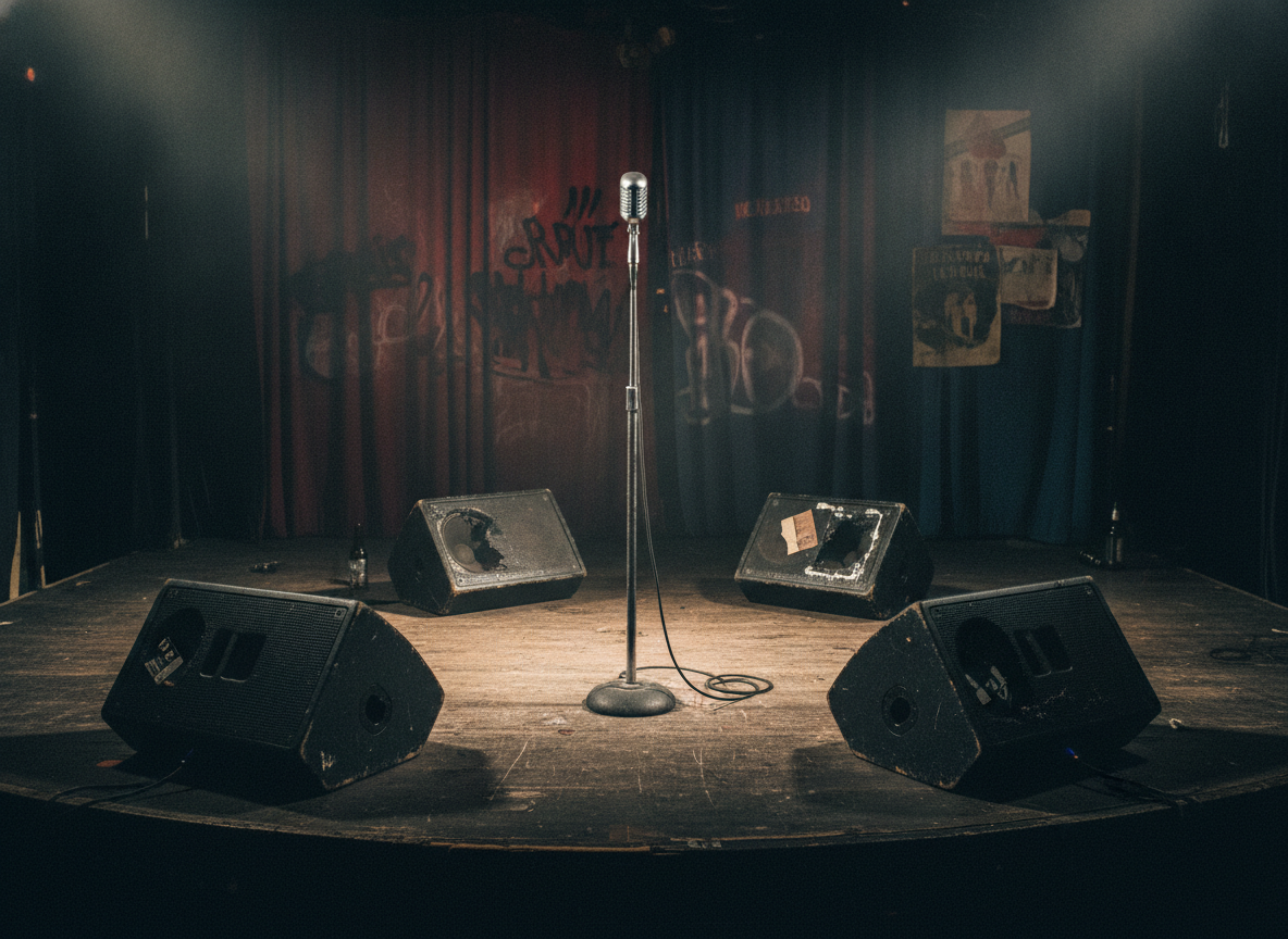 A worn small club stage with scuffed monitors and a single microphone stand under dim light