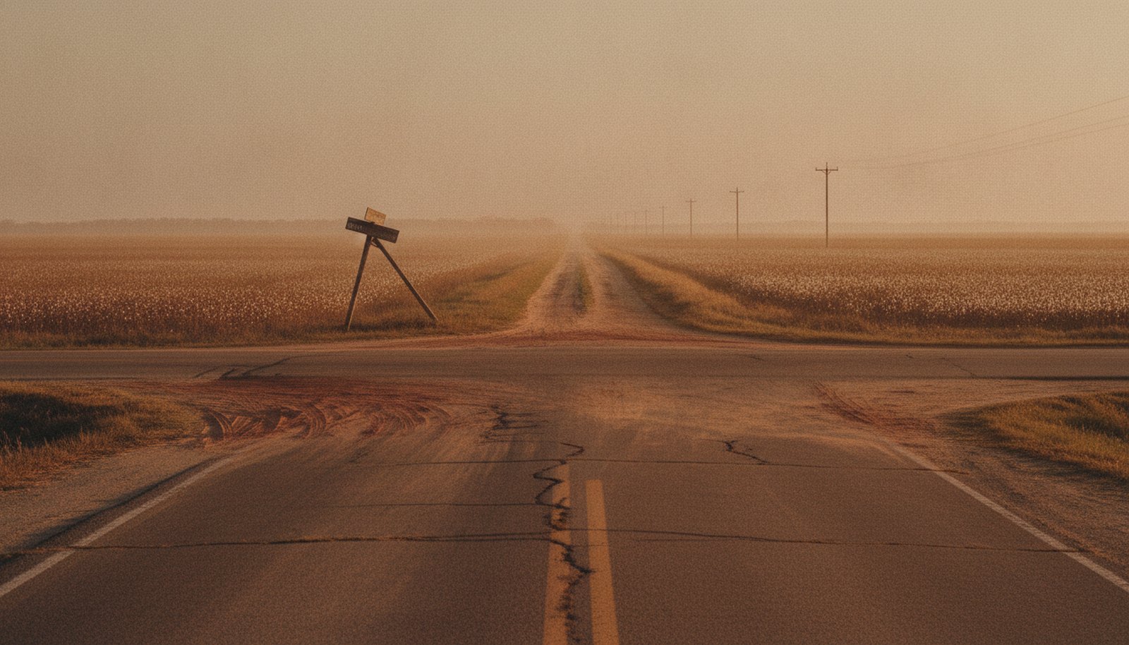 A lonely North Mississippi highway crossroads at golden hour, flat cotton fields and red clay