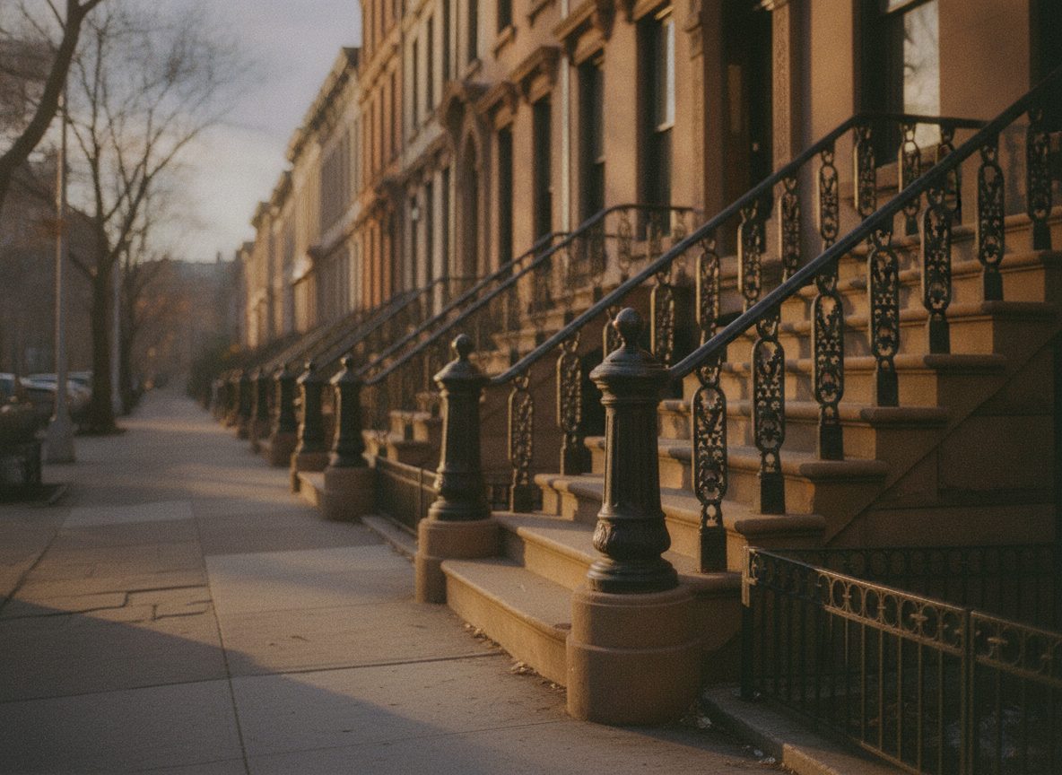 A row of weathered Brooklyn brownstone stoops at golden hour with a quiet empty sidewalk