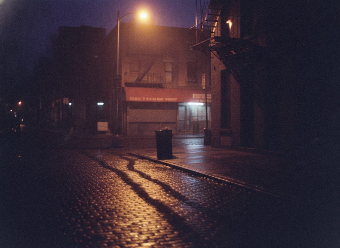 A Brooklyn street corner at night lit by a single streetlamp with wet pavement and long shadows