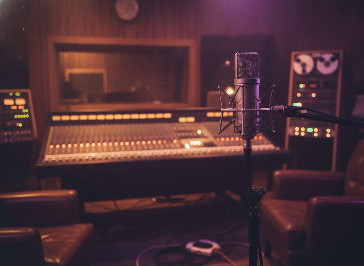 A dim vintage recording studio with a large diaphragm microphone and a mixing console lit by warm amber light
