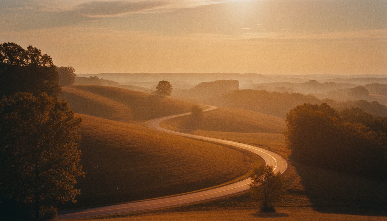 Rolling Tennessee hills at golden hour with warm haze and a winding road