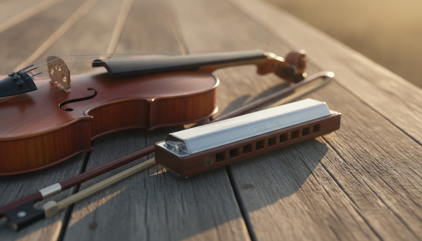 A fiddle and a harmonica resting on weathered wood in warm light