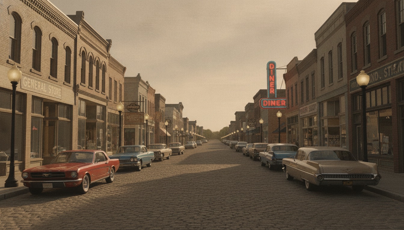 A lively small-town main street at golden hour with old brick storefronts