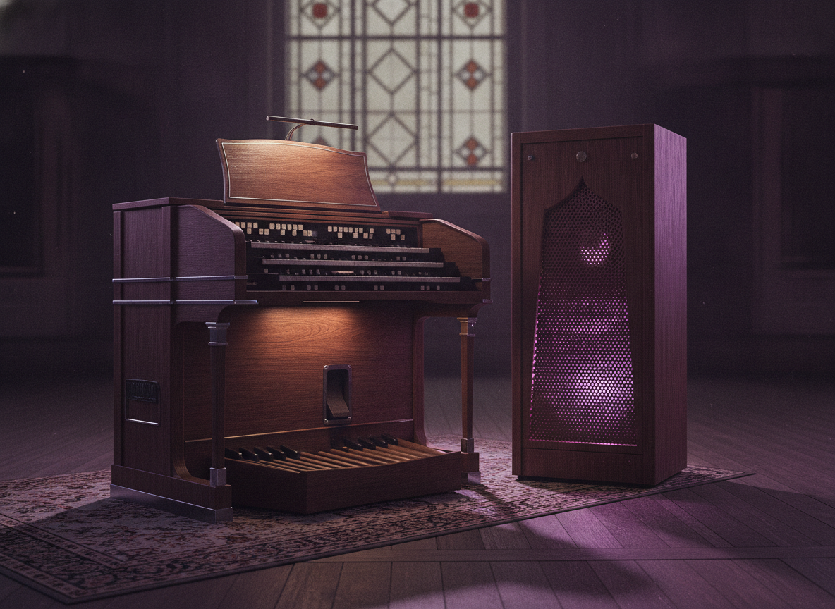 A vintage Hammond organ with a wooden Leslie speaker cabinet glowing under warm purple stage light