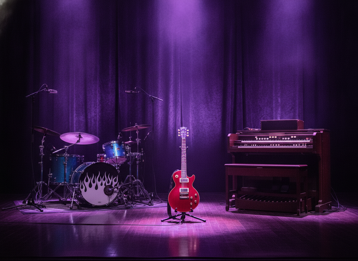 An electric guitar, a drum kit, and a Hammond organ arranged on a purple-lit stage with no faces visible