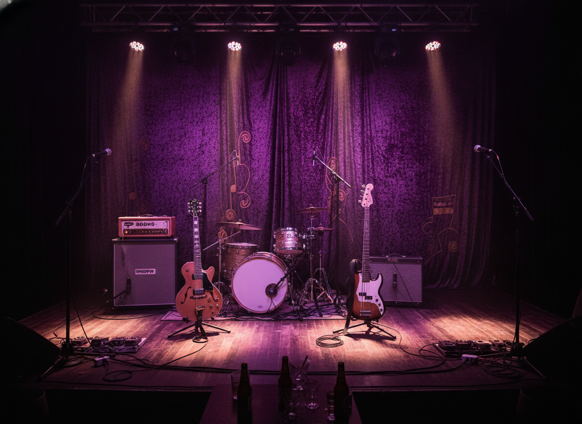 A dark club stage lit in deep purple and gold with instruments and amplifiers arranged for an instrumental trio