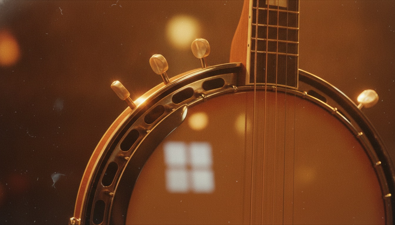 Close-up of a five-string banjo resonator and tuning pegs gleaming in warm light
