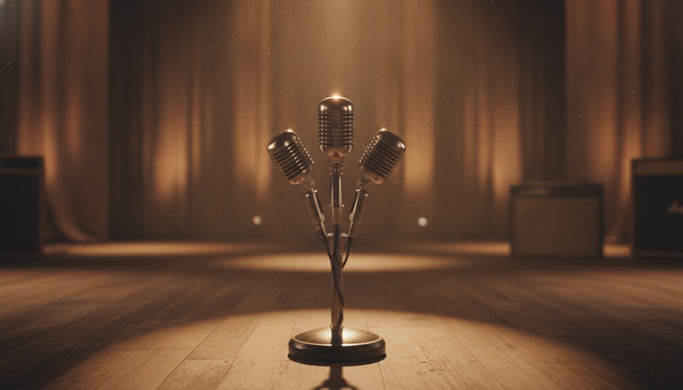 Three vocal microphones arranged for close harmony singing in warm stage light