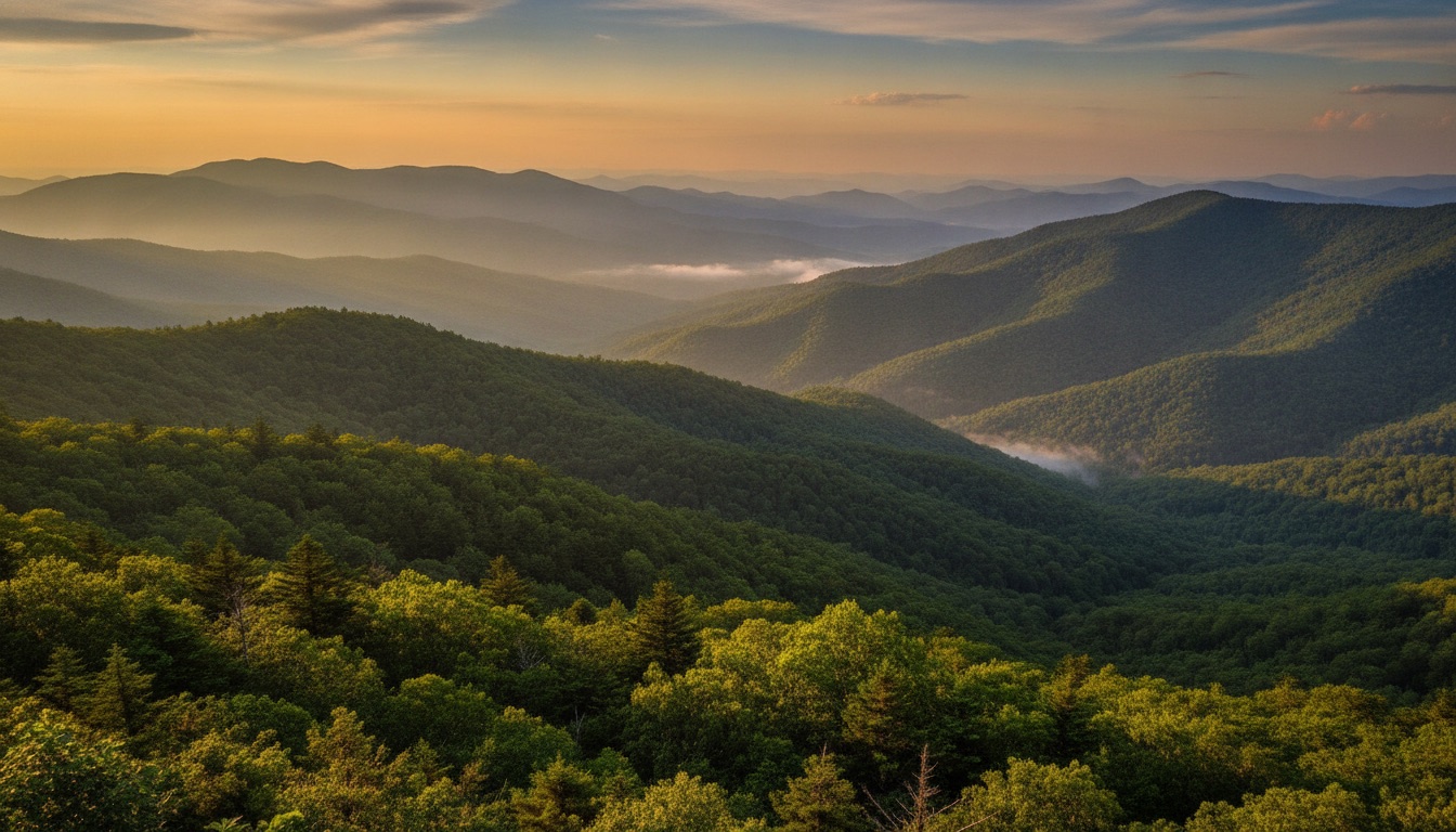The Great Smoky Mountains of Tennessee at golden hour with rolling green ridgelines
