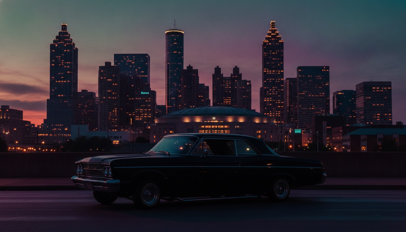 A vibrant Atlanta cityscape at dusk with warm purple and teal light, a lowrider silhouette in the foreground