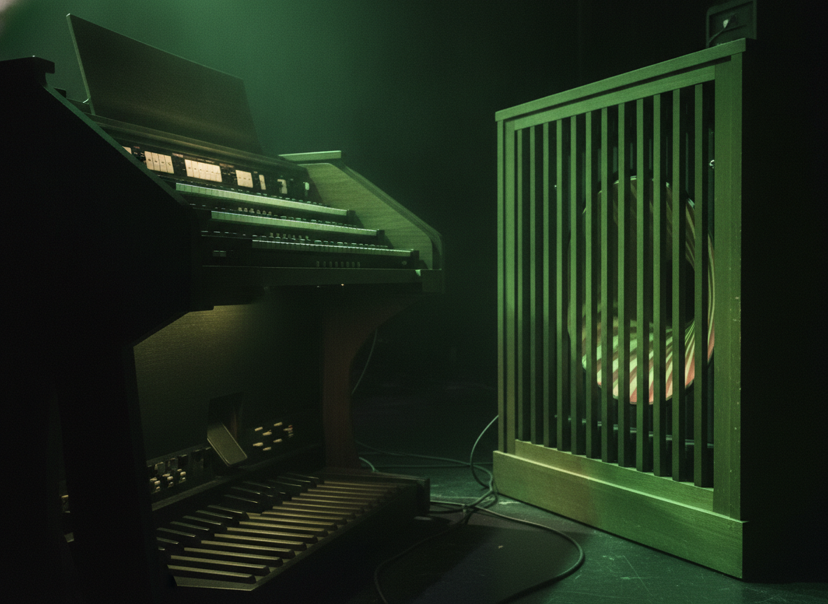A vintage Hammond organ with a wooden Leslie speaker cabinet lit in warm green stage light
