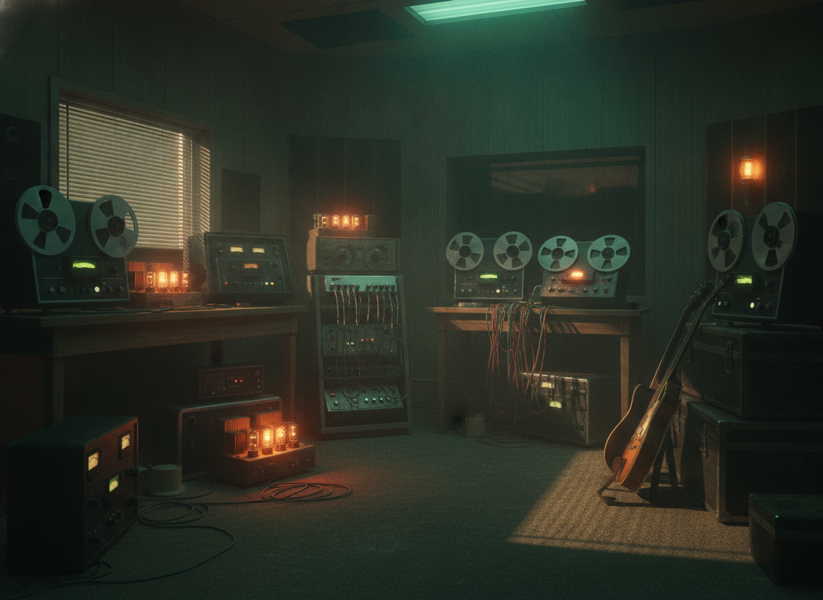 A dim analog recording studio with tape machines and amplifiers bathed in warm green light