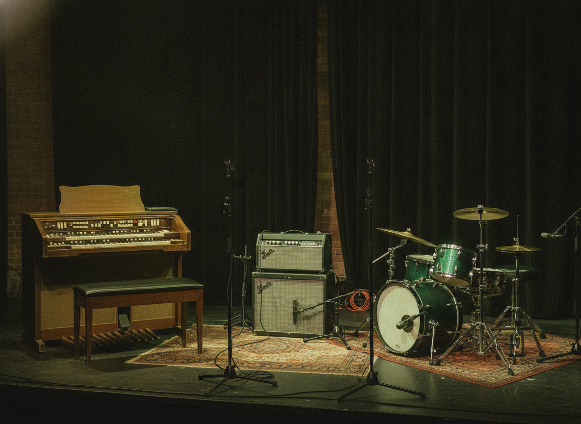 Three empty instrument stations, an organ, a guitar amplifier, and a drum kit, under warm low stage light