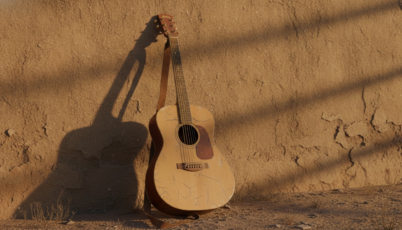 A weathered acoustic guitar resting against a sunlit adobe wall in warm golden light