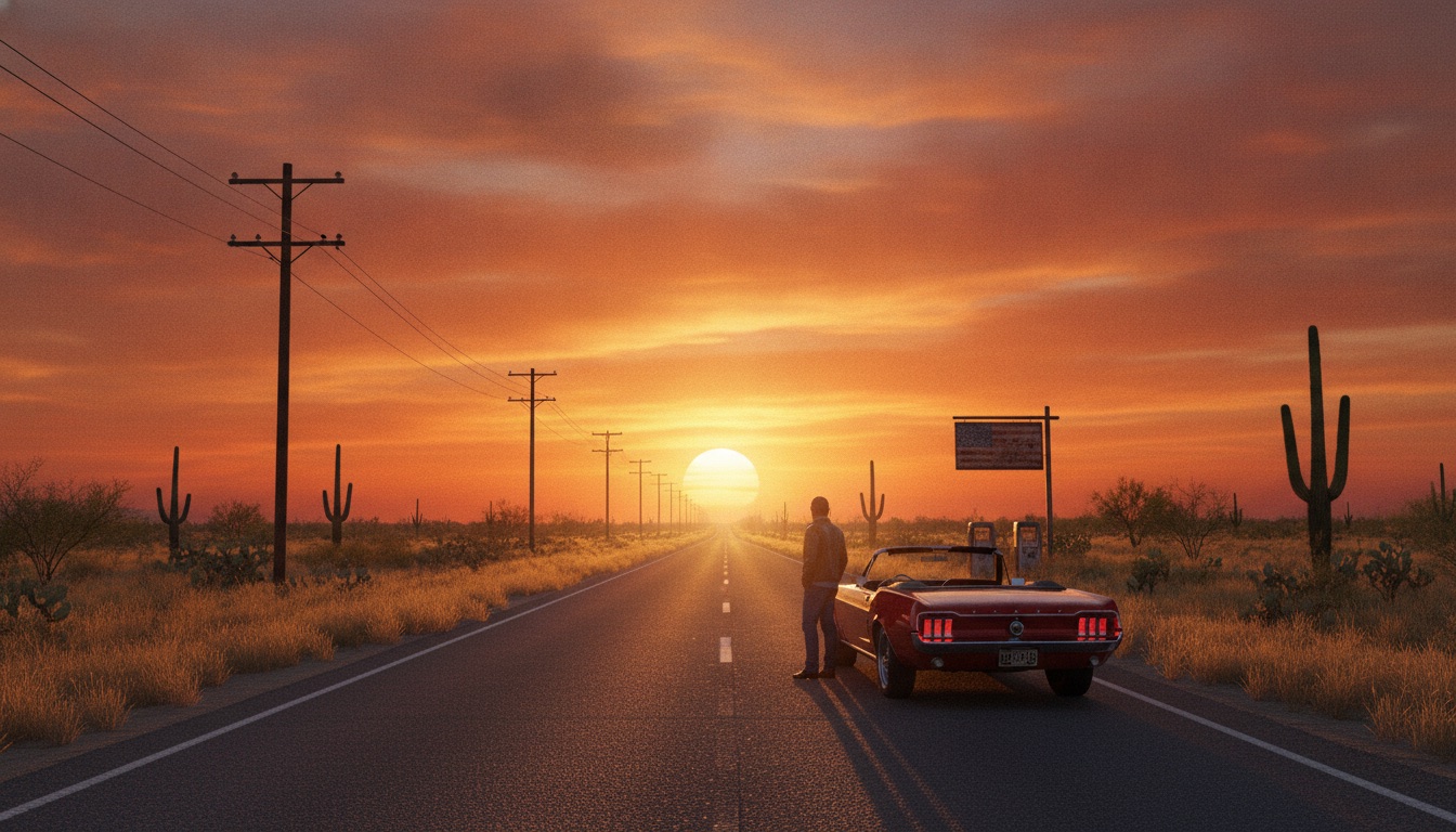 A warm sunset over an open American road with telephone wires, Americana and wistful