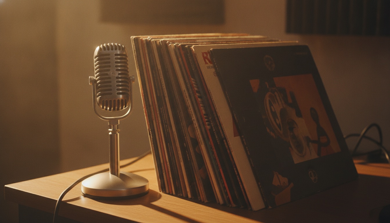 A vintage microphone and a stack of world-music vinyl records under warm studio light