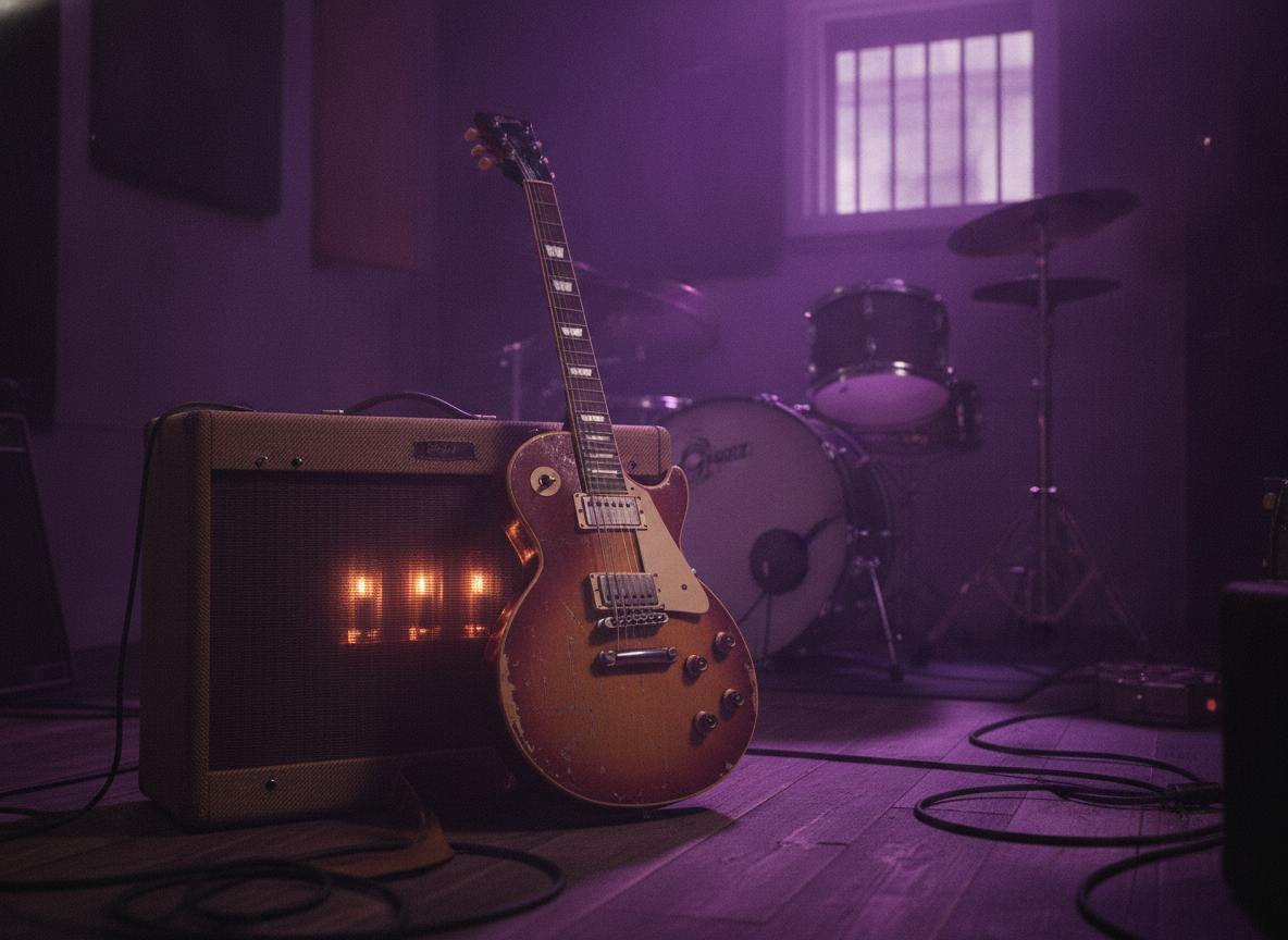 A vintage electric guitar leaning against a warm-toned amplifier in a dim studio bathed in violet light