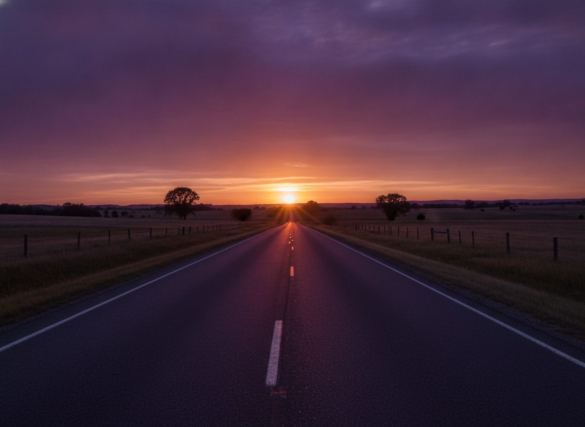 A quiet two-lane road running toward a warm violet dusk over open country