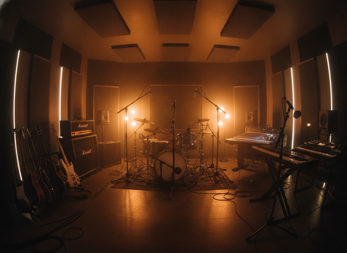A dim recording studio with amplifiers and microphones arranged for a live band session under warm light