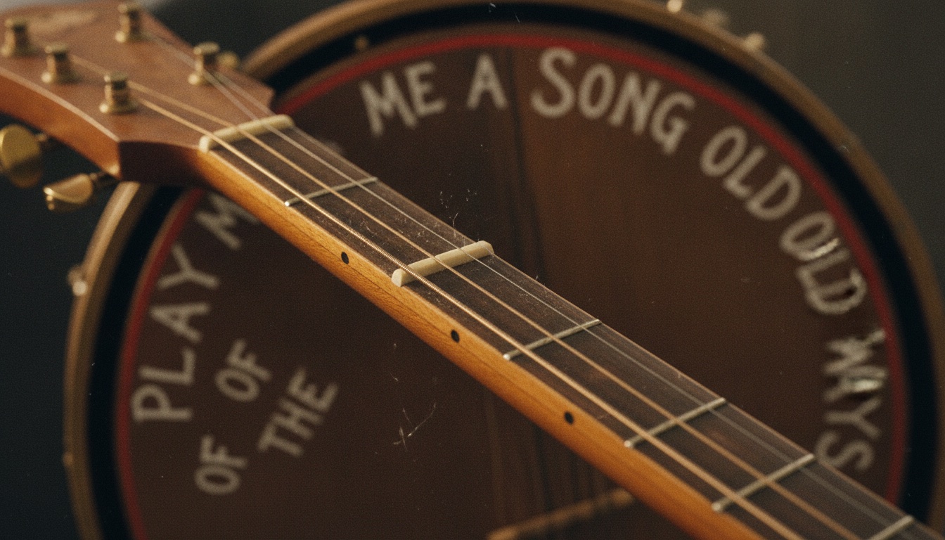 Close-up of the head and strings of a long-neck folk banjo in warm light