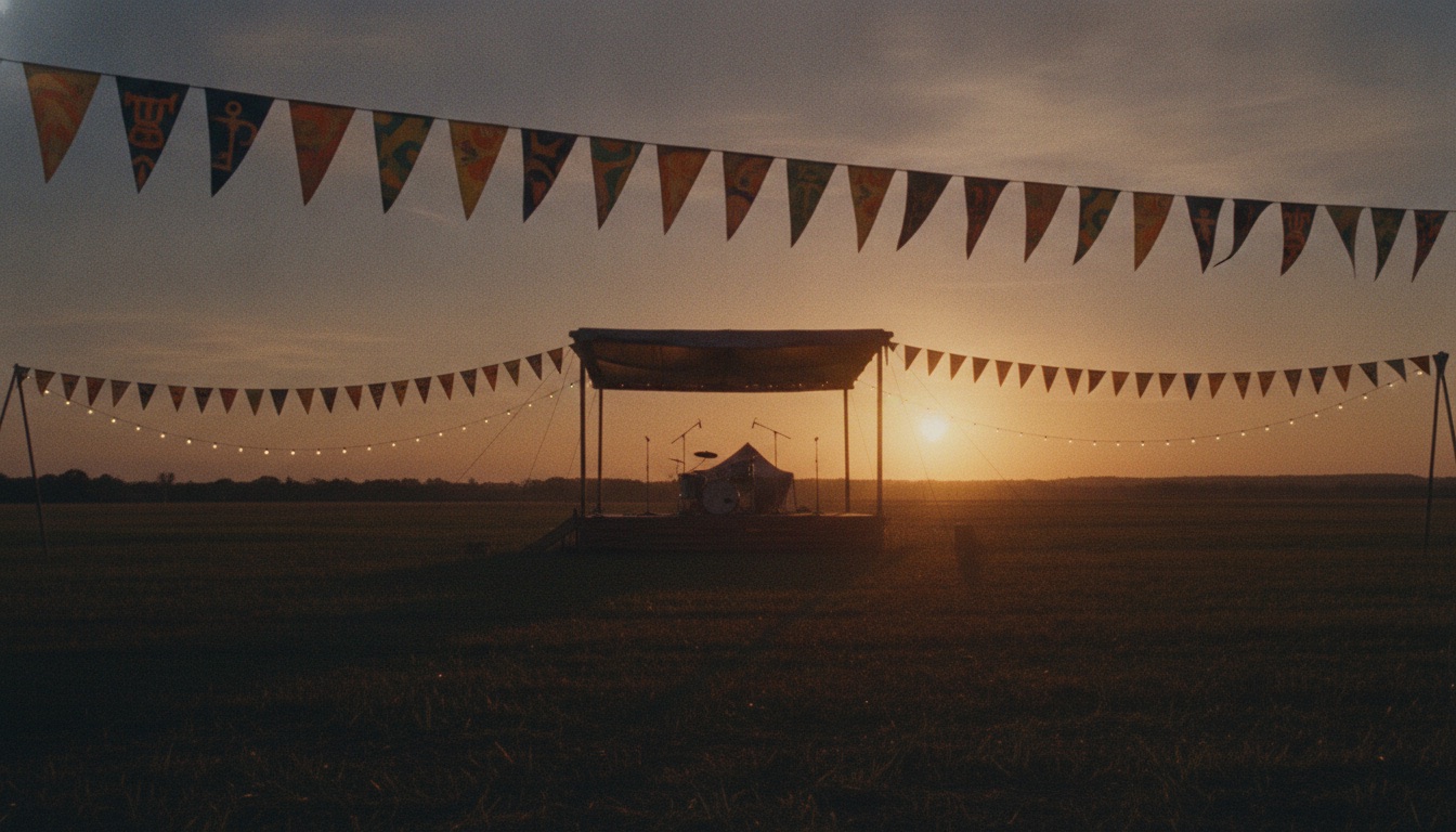 An empty grassy field at a 1960s folk festival with a simple stage and banners at dusk