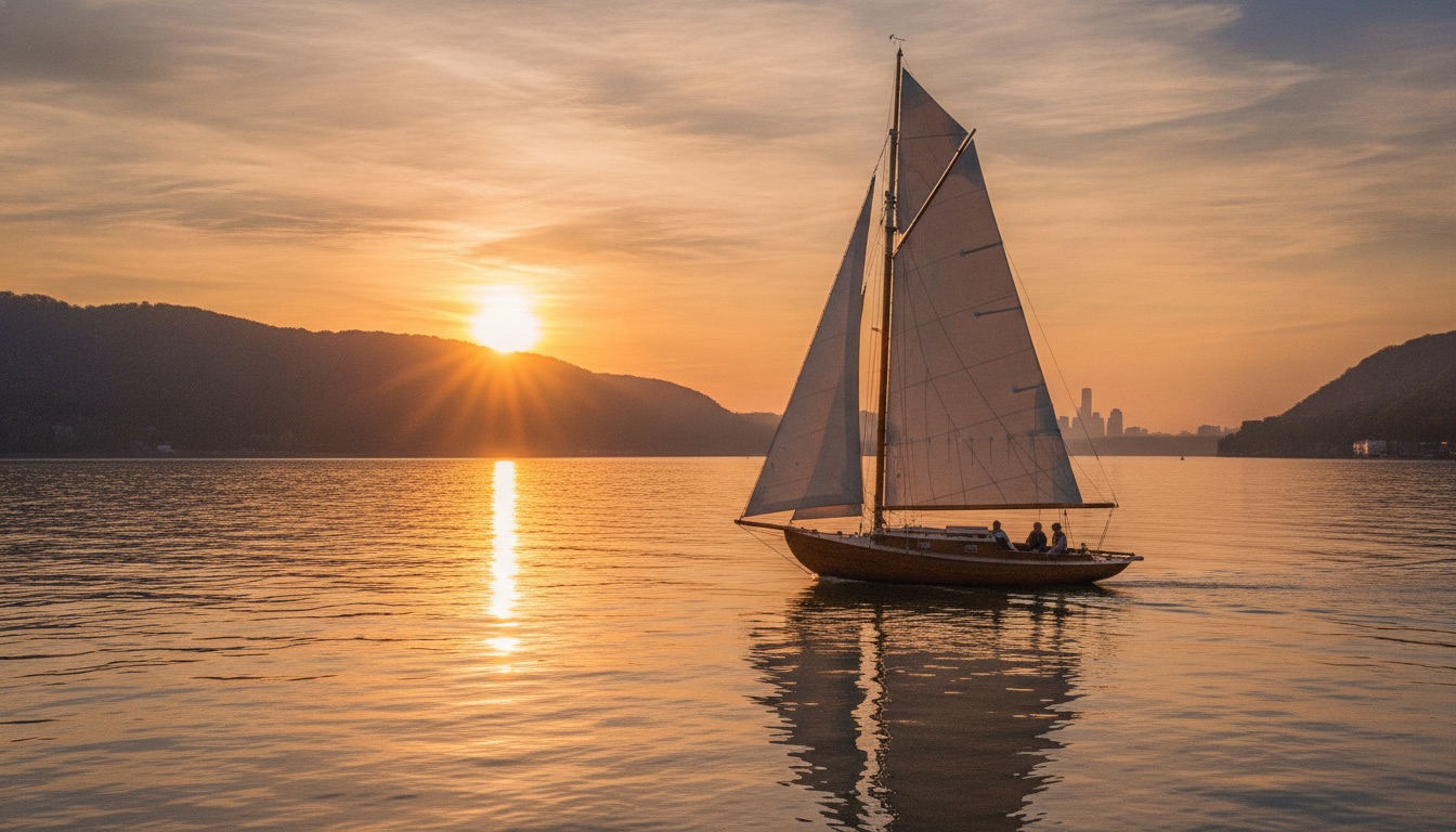 A wooden sailboat sloop on the Hudson River at golden hour with calm water