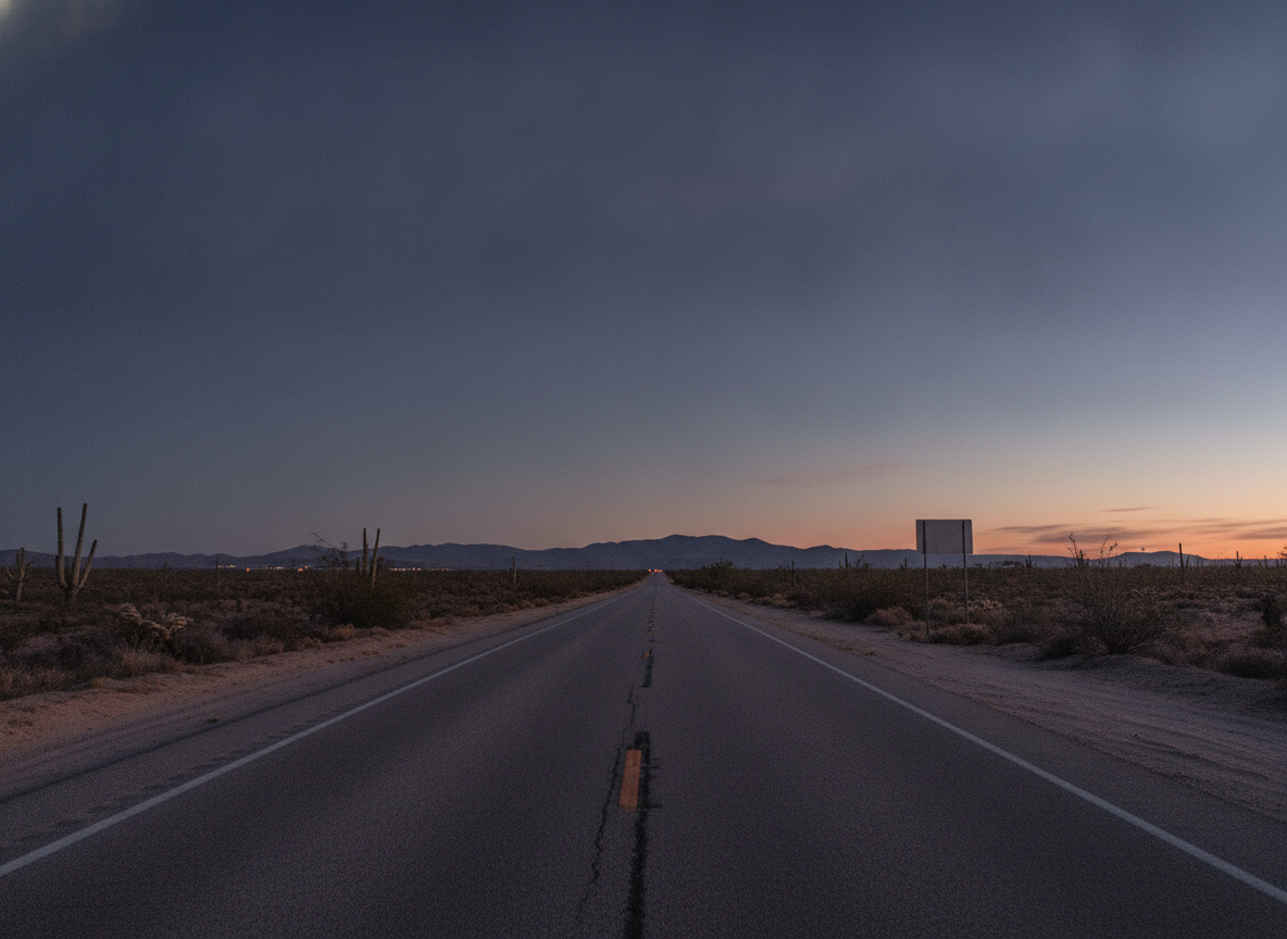An empty desert highway at dusk under a deep blue sky with distant hills
