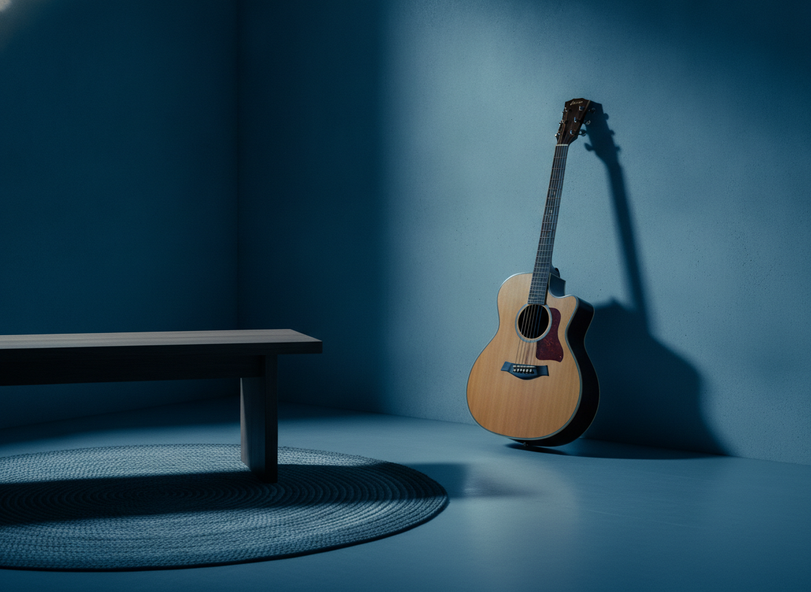 A dim minimalist room with a single acoustic guitar leaning against a wall in cool blue light