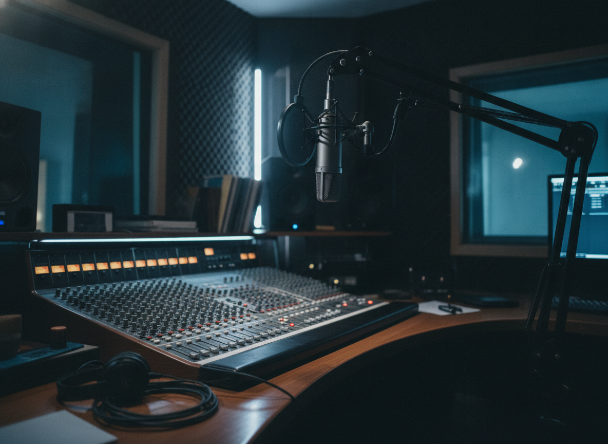 A dim recording studio with a microphone and mixing console lit in cool slate-blue light