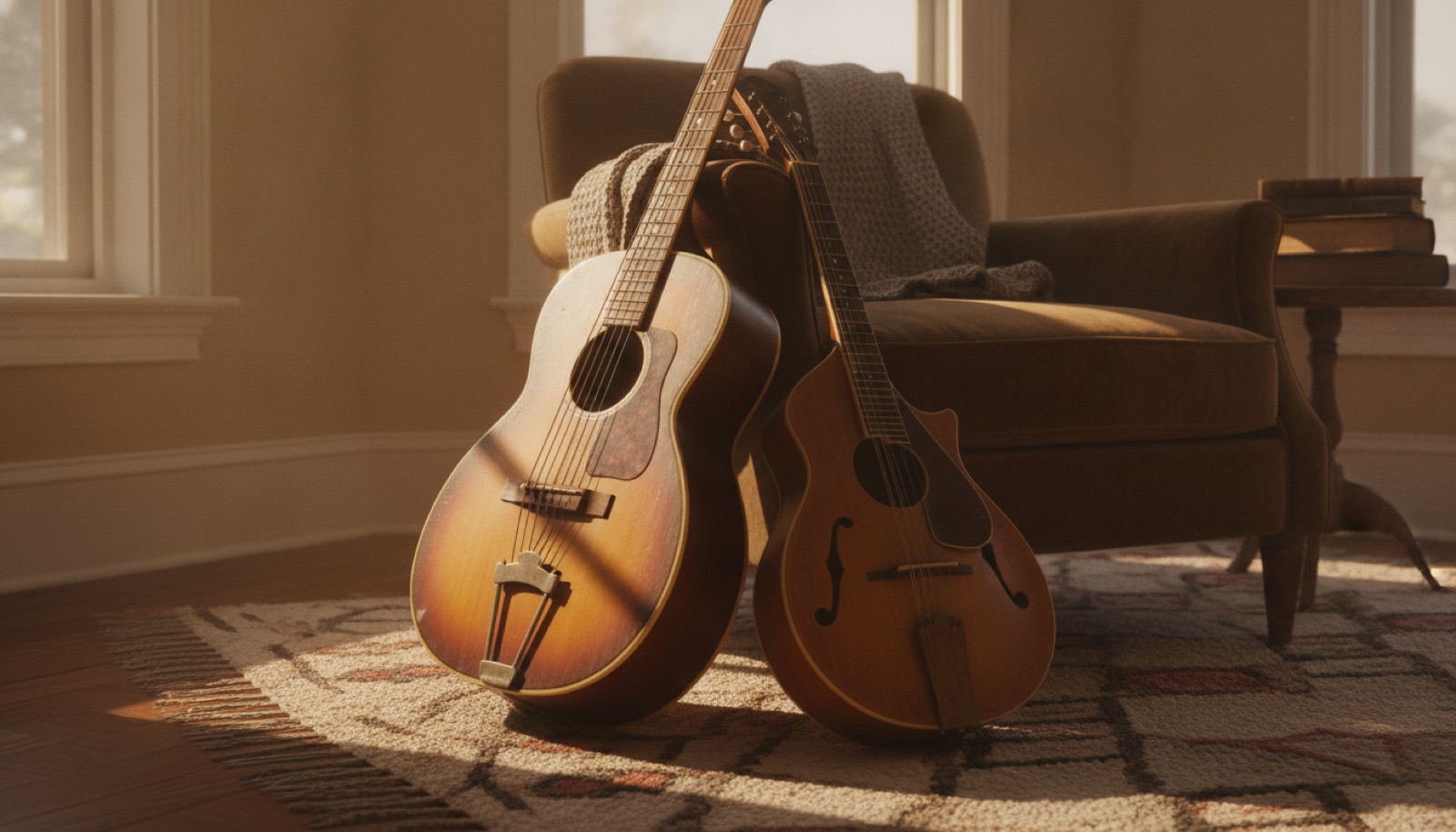 Three acoustic guitars and a mandolin leaning together in a warm, lamplit room