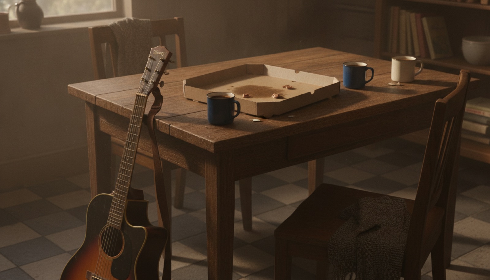 A round wooden table with an empty pizza box, guitar cases, and coffee cups nearby